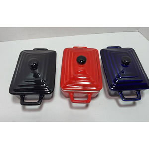 Mini Casserole Meatloaf Bread Loaf Bakeware w. Lid Red Black Navy Blue Set of 3